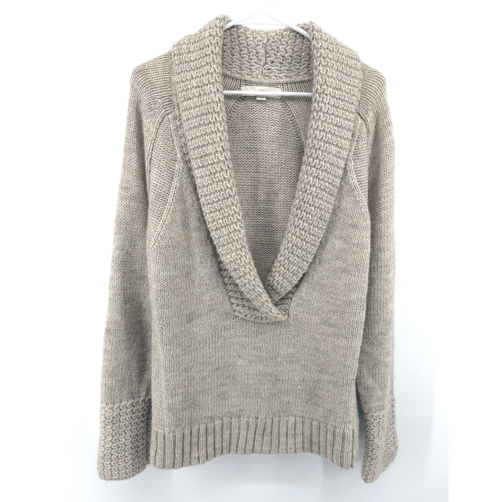 LOFT Sweater Tan Alpaca Wool Blend Shawl Collar Knit Pullover Cozy Cabin Women L